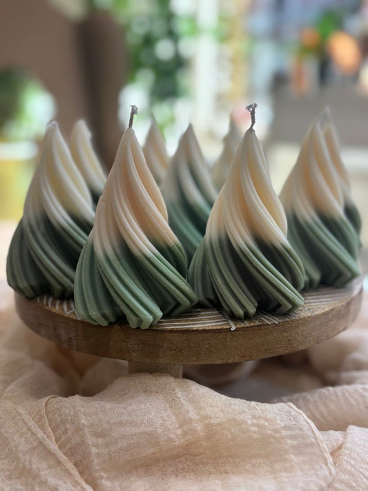 Swirl Snowy Green Christmas Tree Candle
